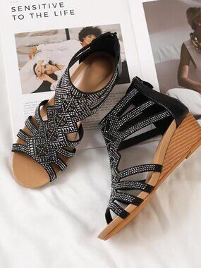 Black Rhinestone Dressy Summer Gladiator Wedge Sandals